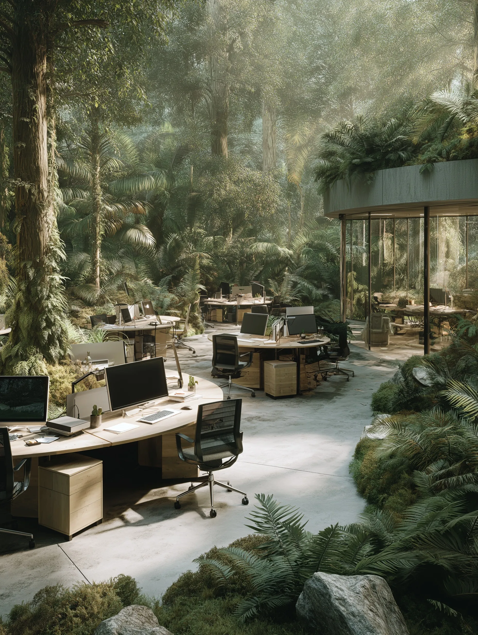 Modern open-air office workstations with ergonomic desks set in a lush tropical jungle environment.