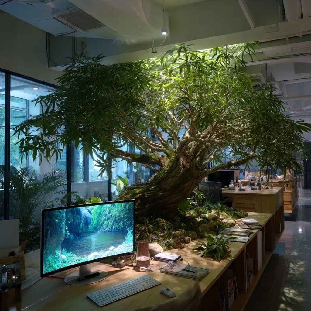 A 132cm tall fiddle leaf fig plant in a modern office space, 8K ultra HD biophilic design.
