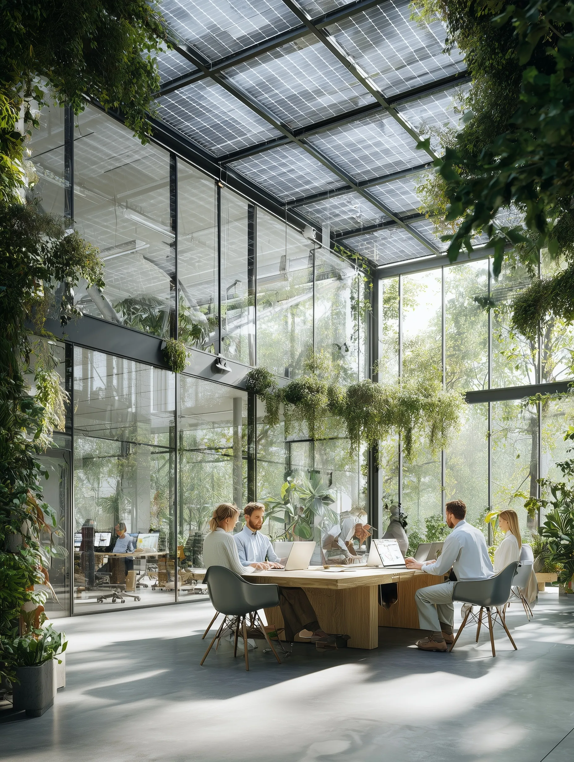 Professional team collaborating in a modern, sunlit biophilic office with indoor plants and sustainable features.