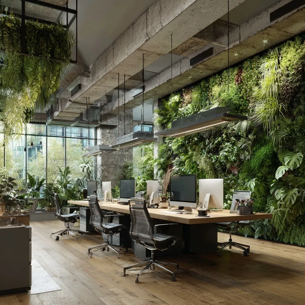 Modern biophilic office interior with desk plants and lush green wall installations, hyper-realistic style.