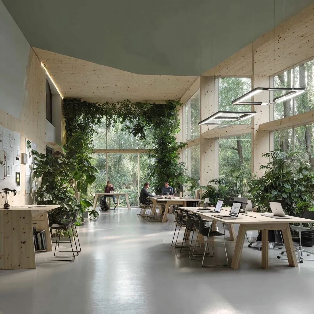 Modern biophilic university learning space with modular furniture, plants, and collaborative student workstations.