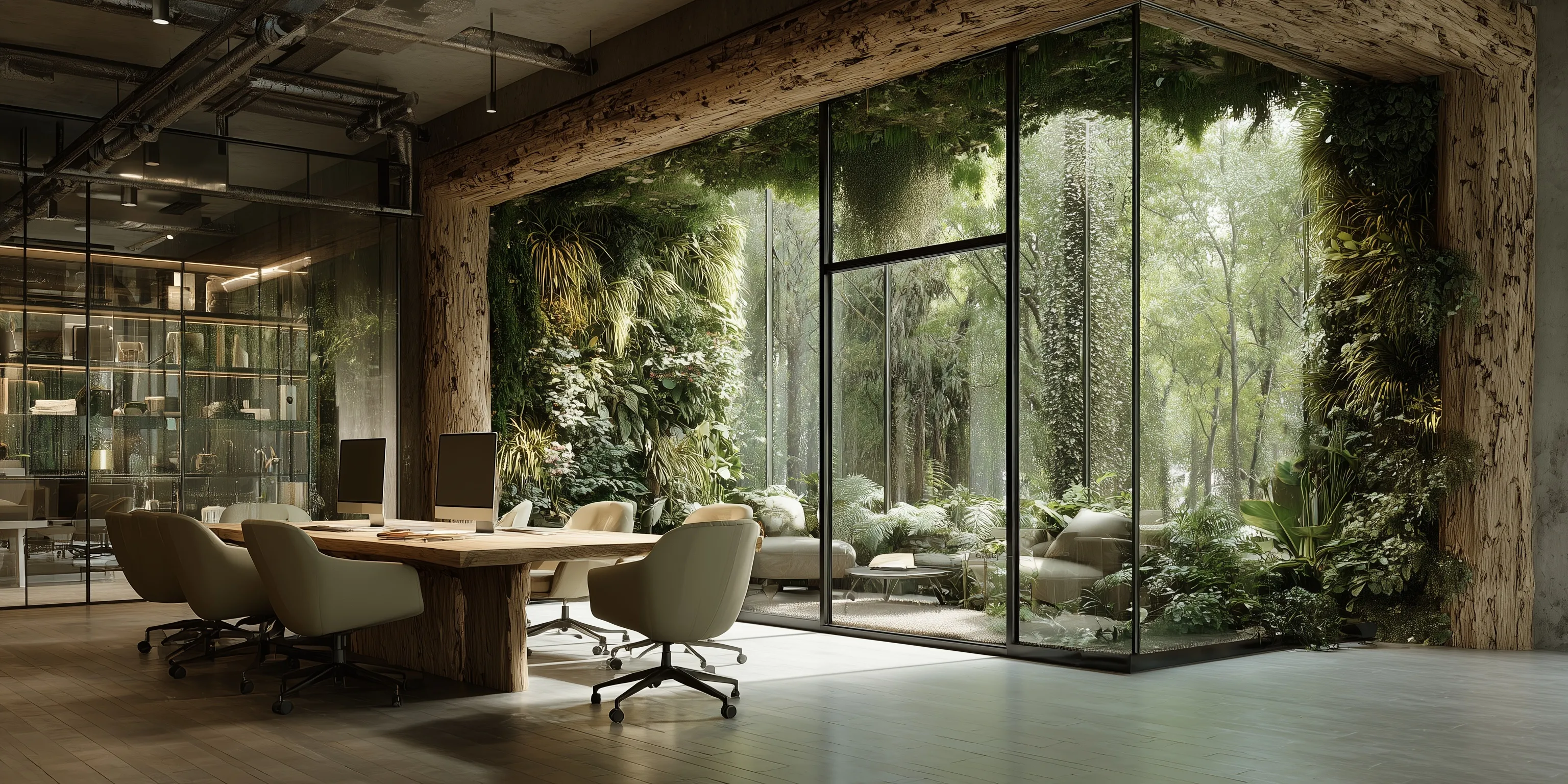 Professionals in a sustainable biophilic office having a consulting meeting surrounded by lush indoor plants.