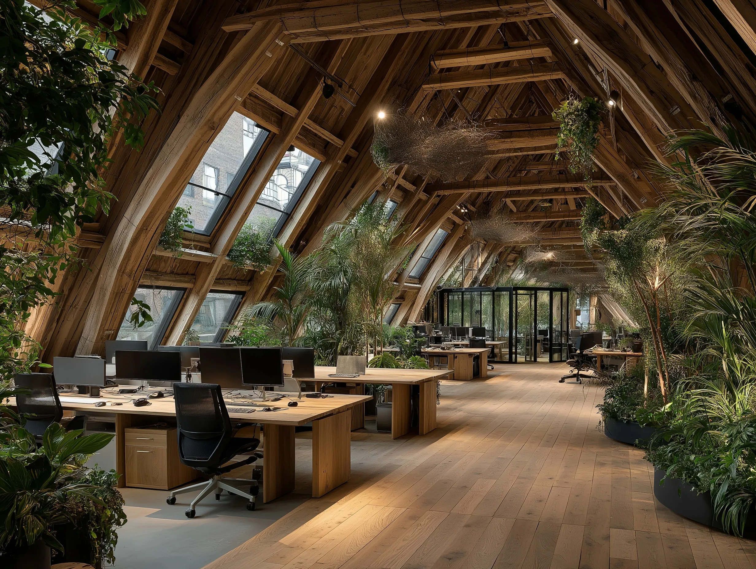 Modern coworking office with wooden pitched roof, lush indoor plant islands, and freestanding meeting booths.