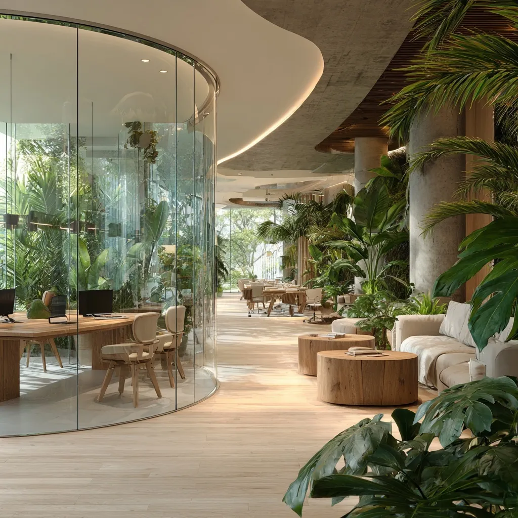 Modern coworking space in Panama with lush tropical plants, glass offices, and warm wood furniture.