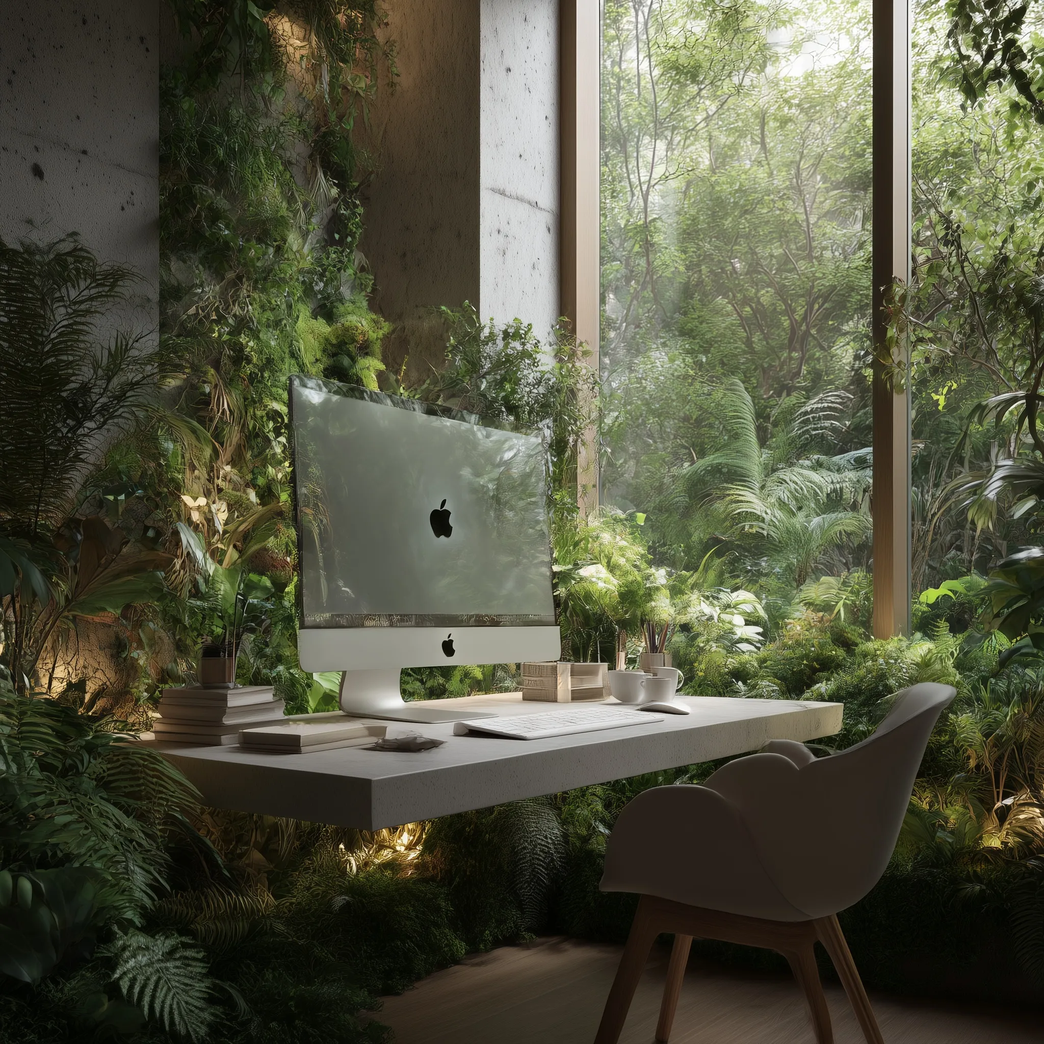 Modern iMac on a minimalist desk in a bright, biophilic office with lush indoor plants and soft natural sunlight.