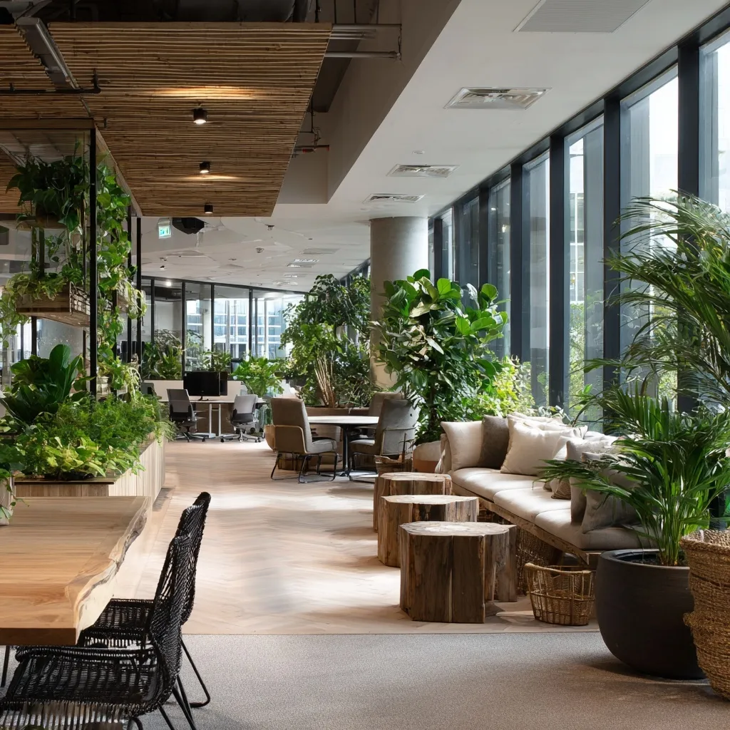 Modern biophilic office interior with indoor plants, large windows, and a warm, earthy professional workspace.