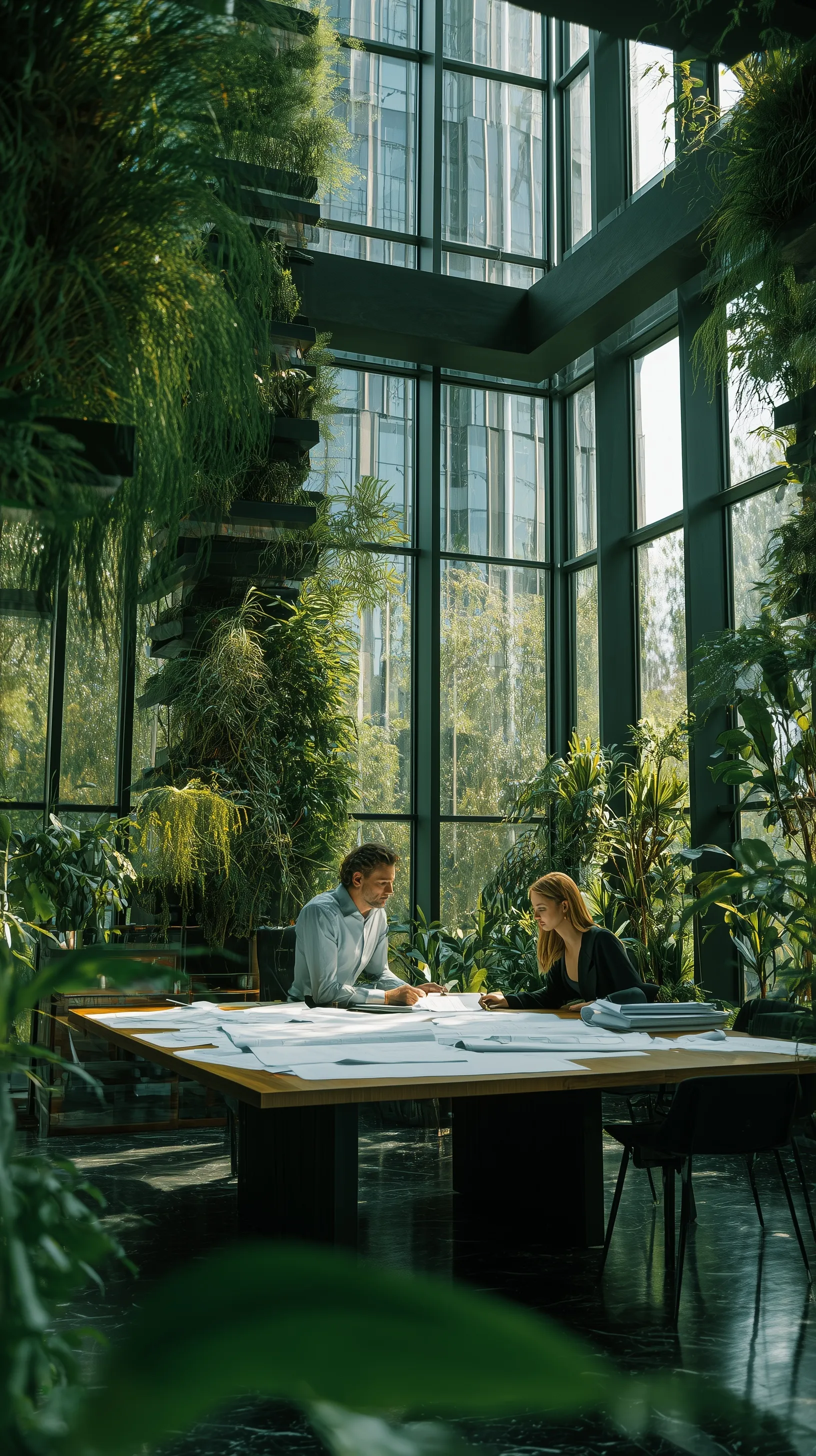 A frustrated couple reviewing blueprints in a modern, plant-filled biophilic high-rise office with bright daylight.