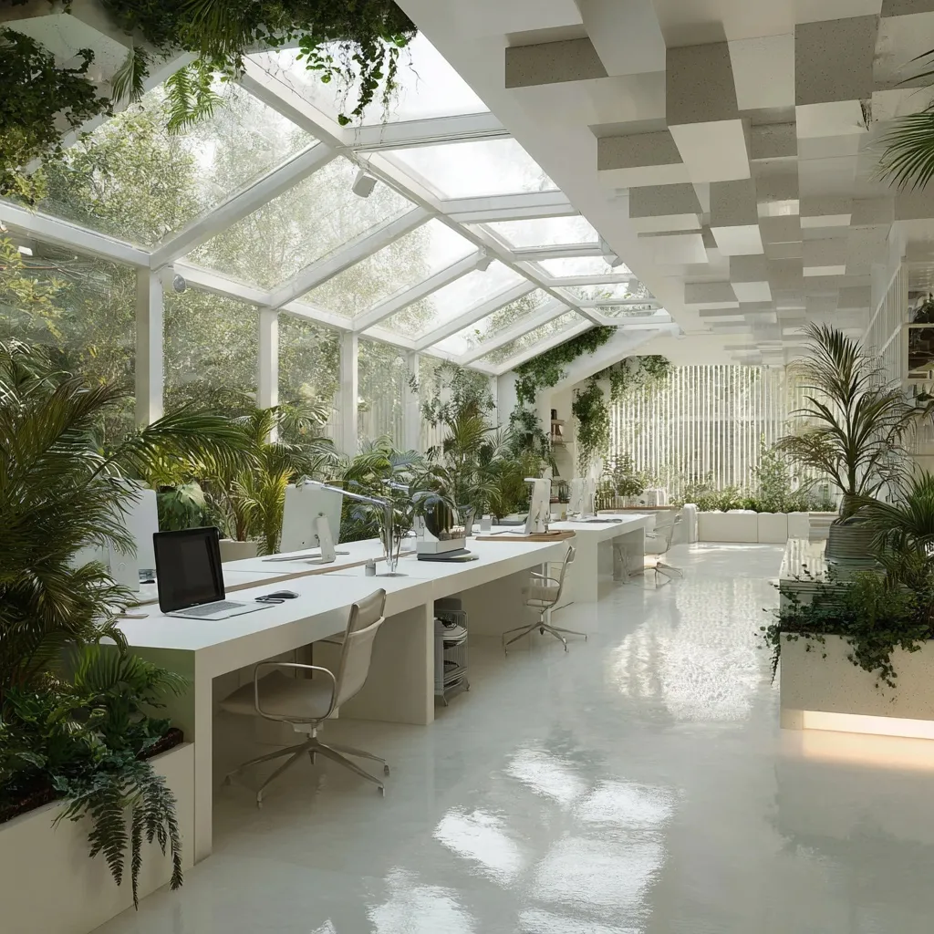 Futuristic office interior featuring biophilic design with lush green plants and modern geometric white architecture.