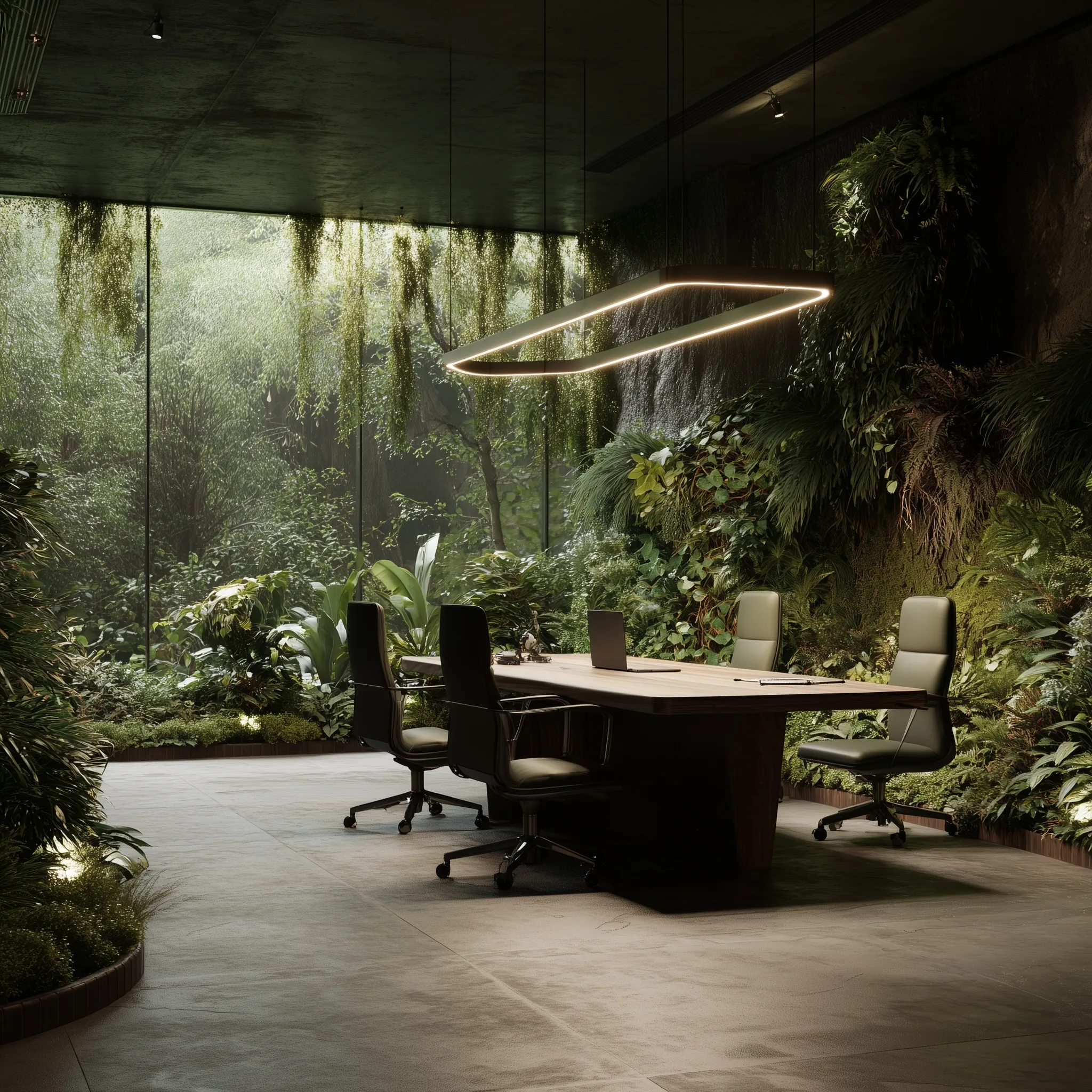 Minimalist executive home office with lush green plants for a professional biophilic virtual meeting background.