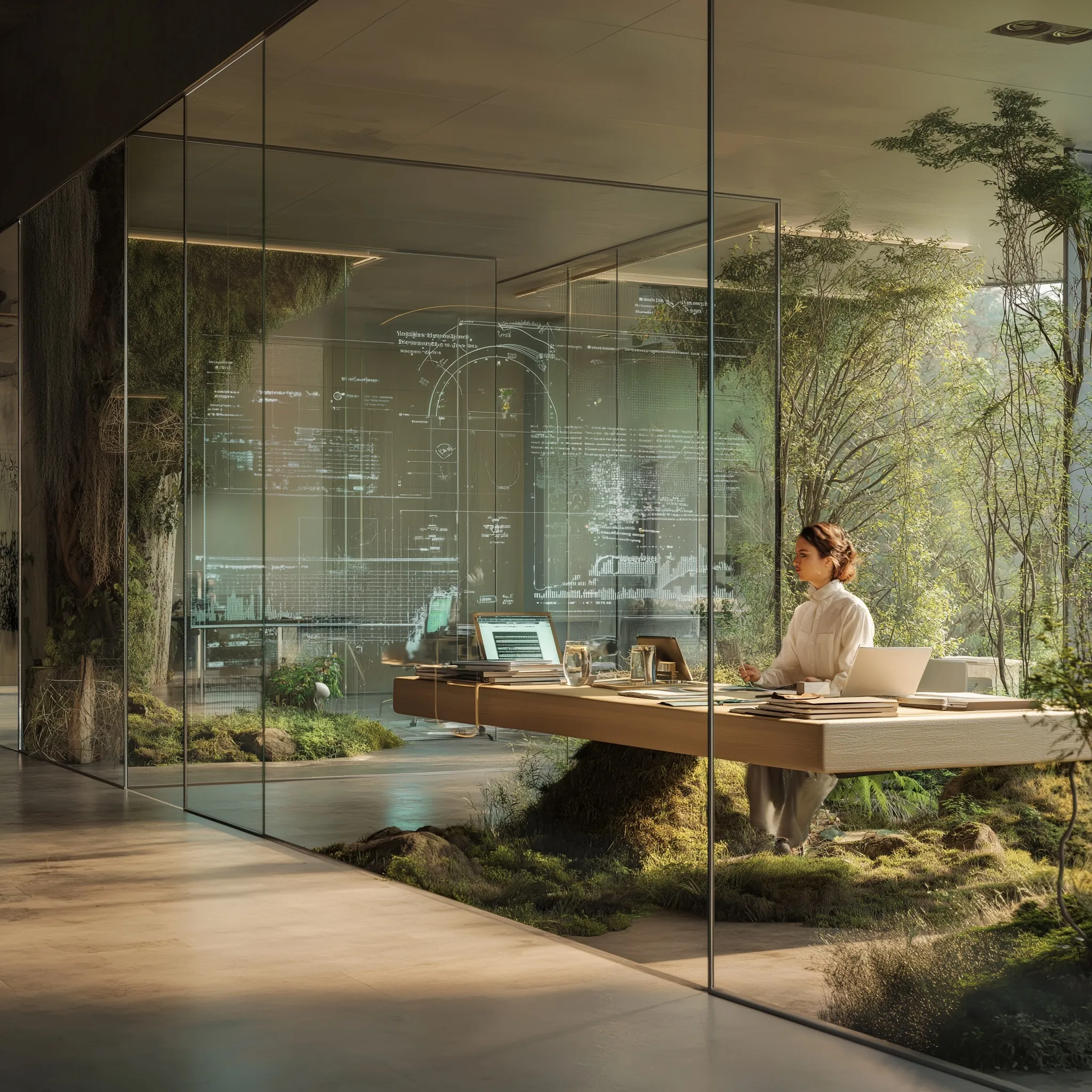 Professional working in a modern biophilic office with plants, natural light, and digital ecosystem data interfaces.
