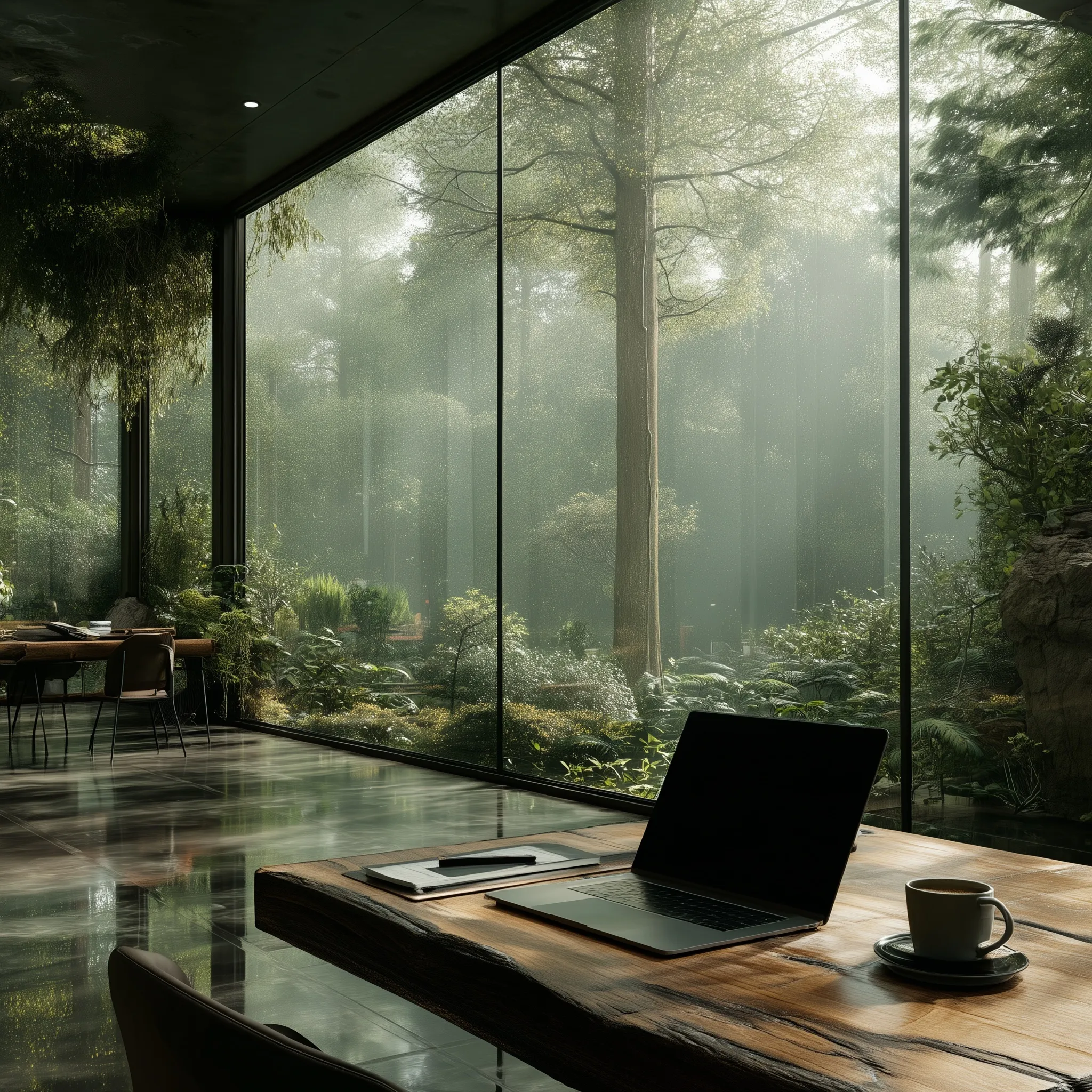 Modern coworking office with indoor plants and large windows overlooking a lush forest in soft natural light.