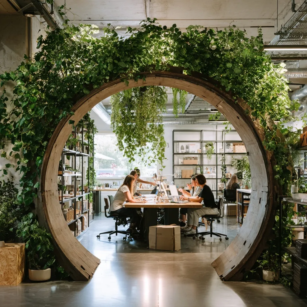 Team working in a circular design studio featuring recycled furniture and biophilic office plants.