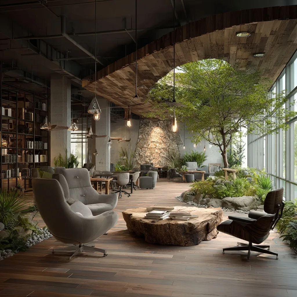 A modern, sunlit biophilic office space featuring lush indoor plants and a comfortable, relaxing seating area.