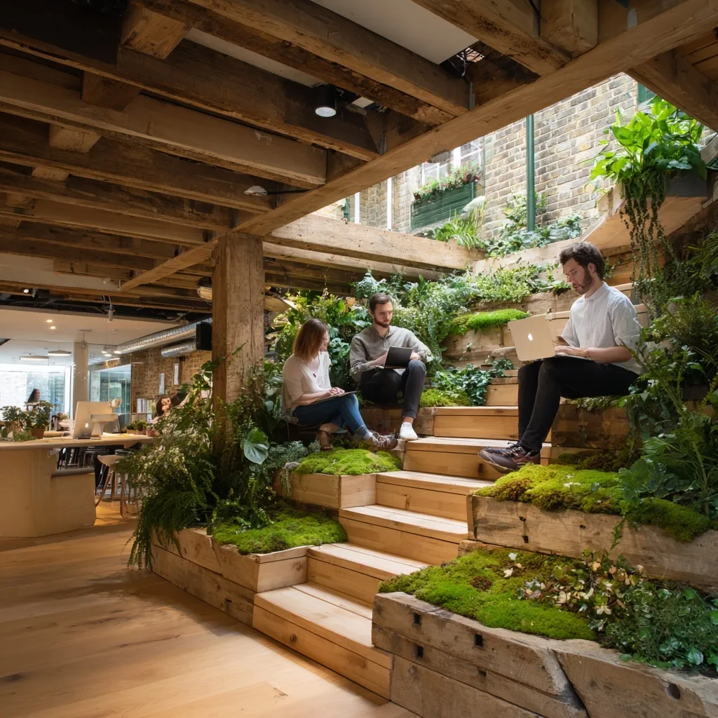 Three colleagues working on laptops on a modern wooden staircase decorated with vibrant green moss and indoor plants.