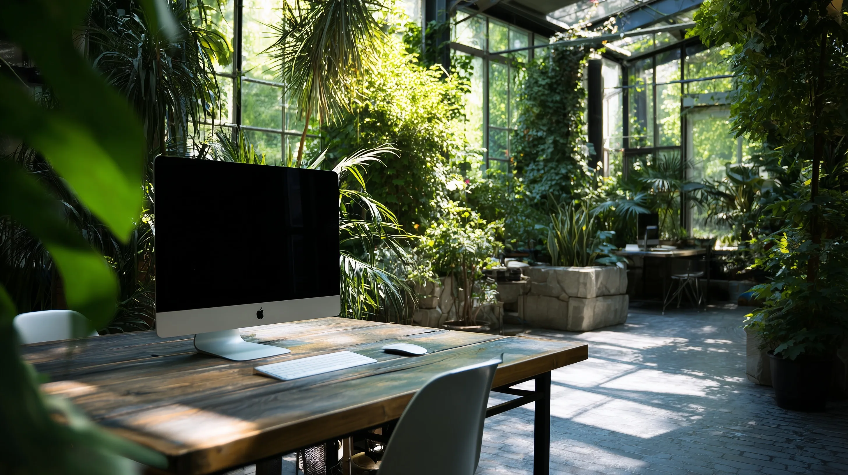 Modern biophilic office featuring elegant desks, lush indoor gardens, and luxury lounge spaces for creative work.