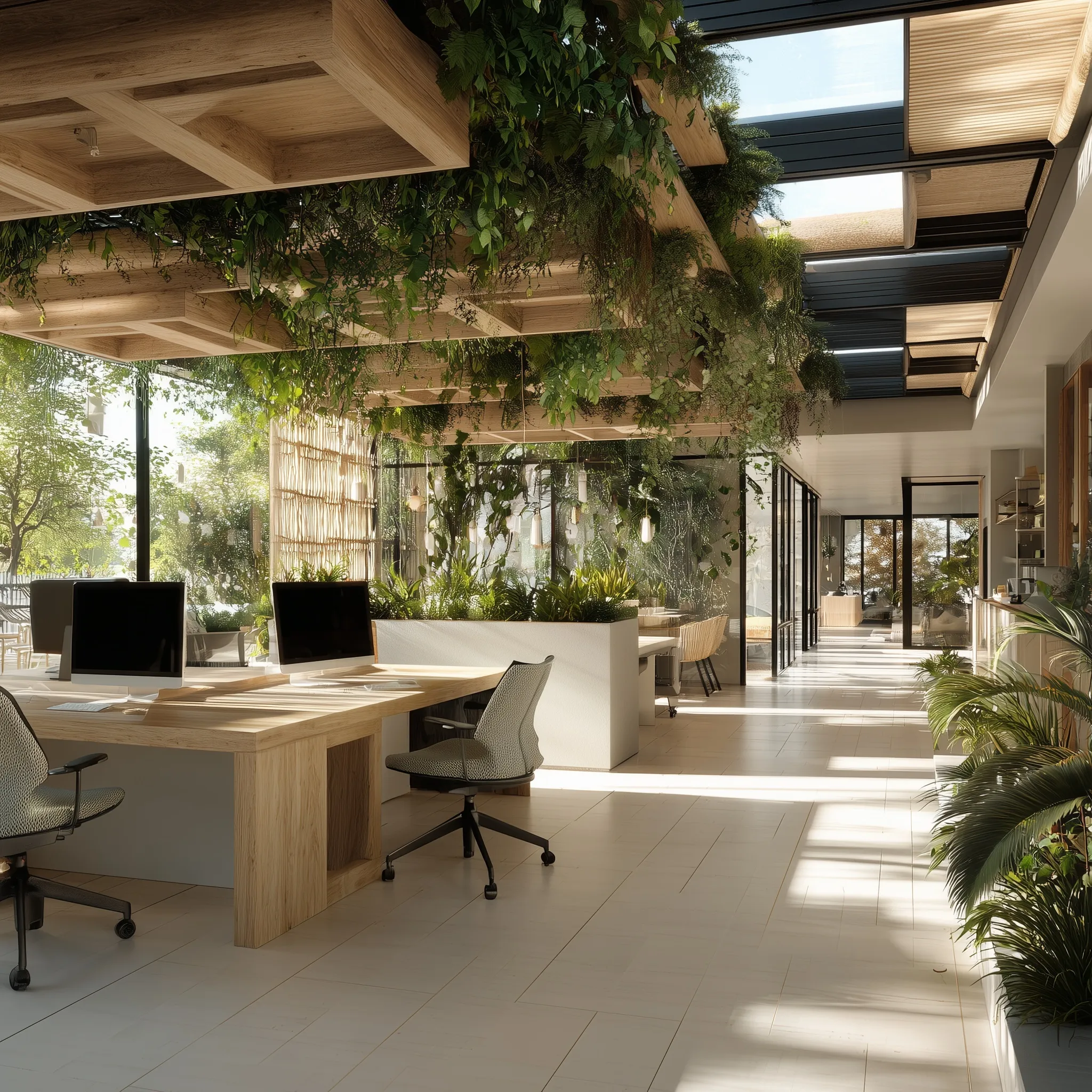 Modern Mauritian office interior with biophilic design, lush indoor plants, and bright morning light.