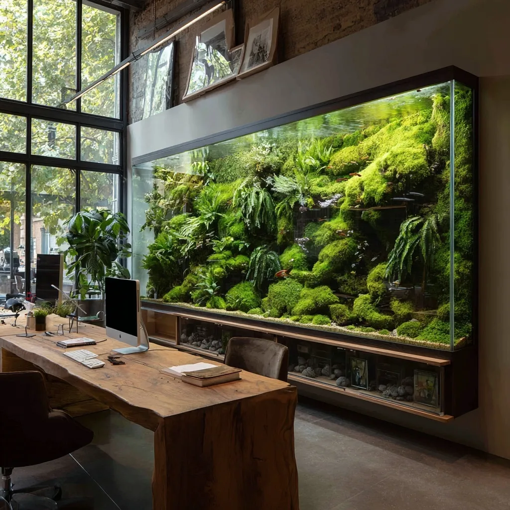 Modern office with wall-mounted moss terrarium, wooden desk, and lush green plants by large windows.