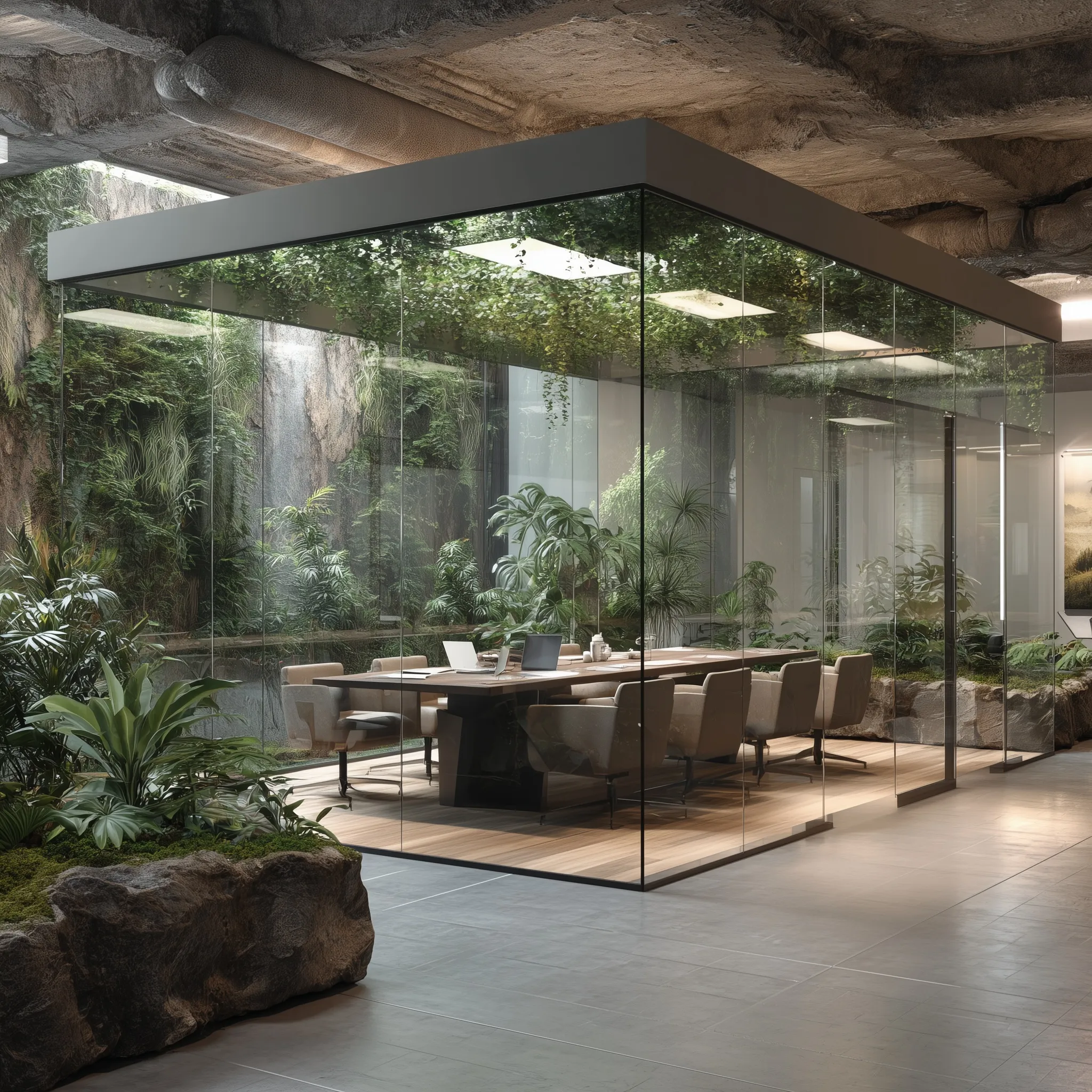 Modern glass office conference room with hanging biophilic greenery and indoor plants in a professional workspace.
