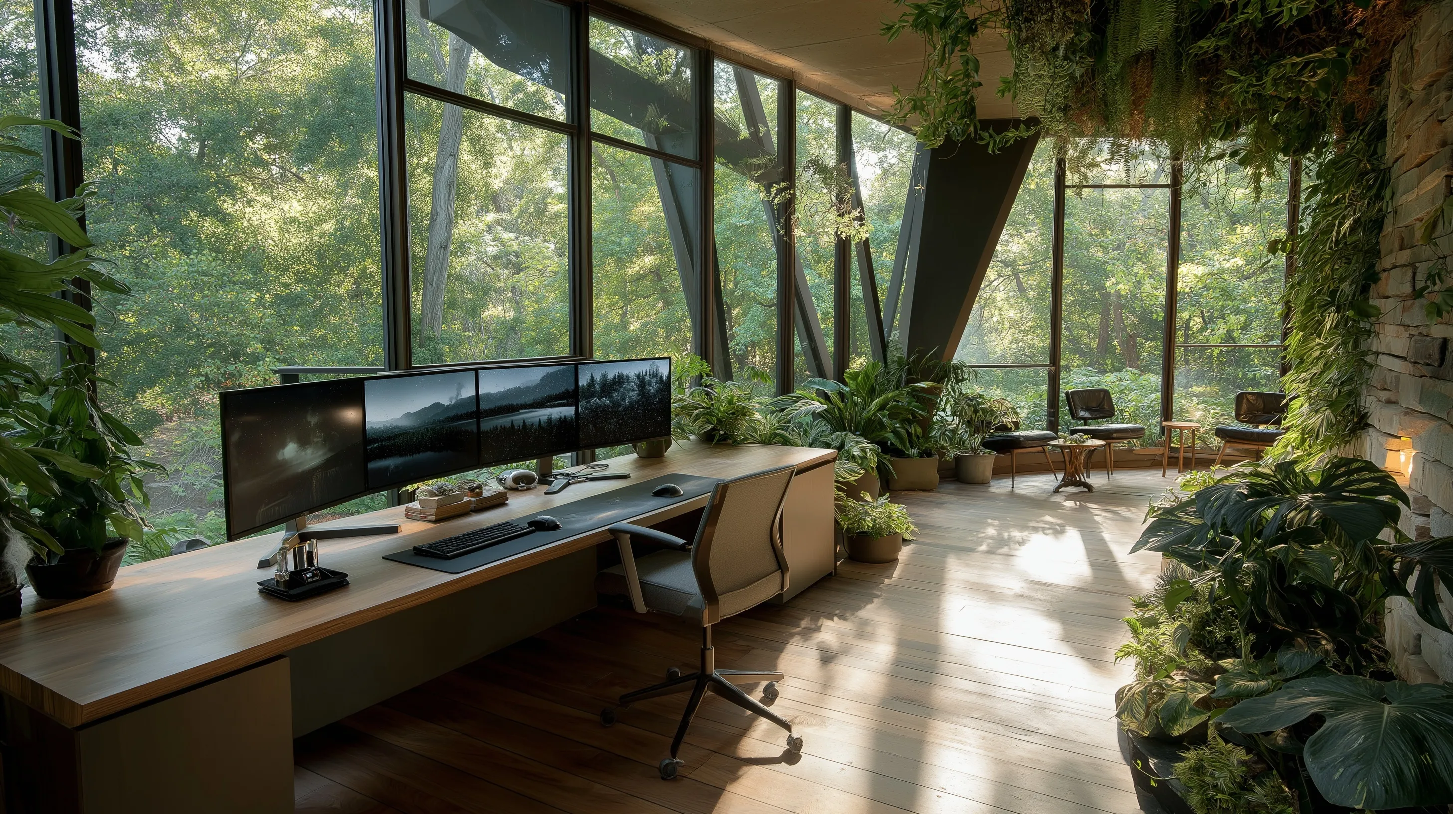 Modern biophilic home office with lush indoor plants, minimalist wooden desk, and soft natural sunlight.