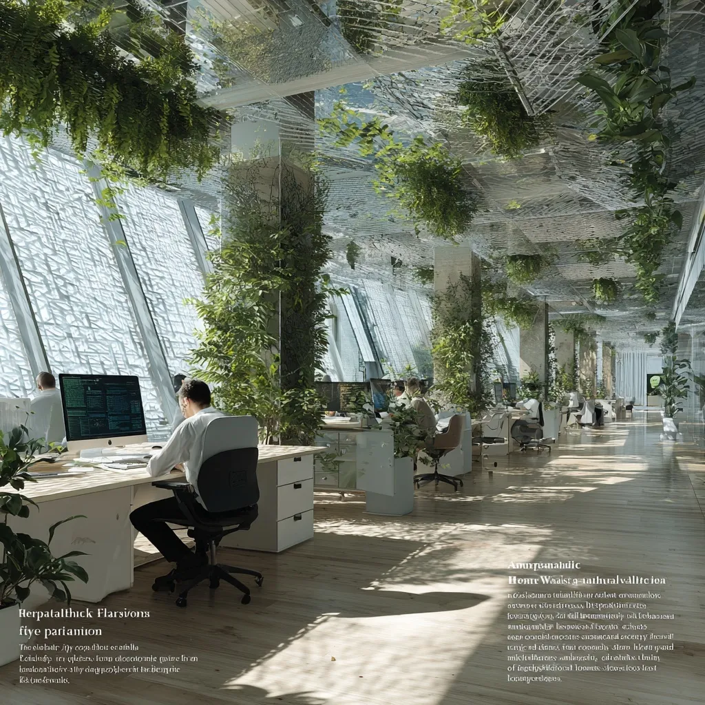 Modern biophilic office interior with natural daylight, indoor plants, and parametric shadows at workstations.