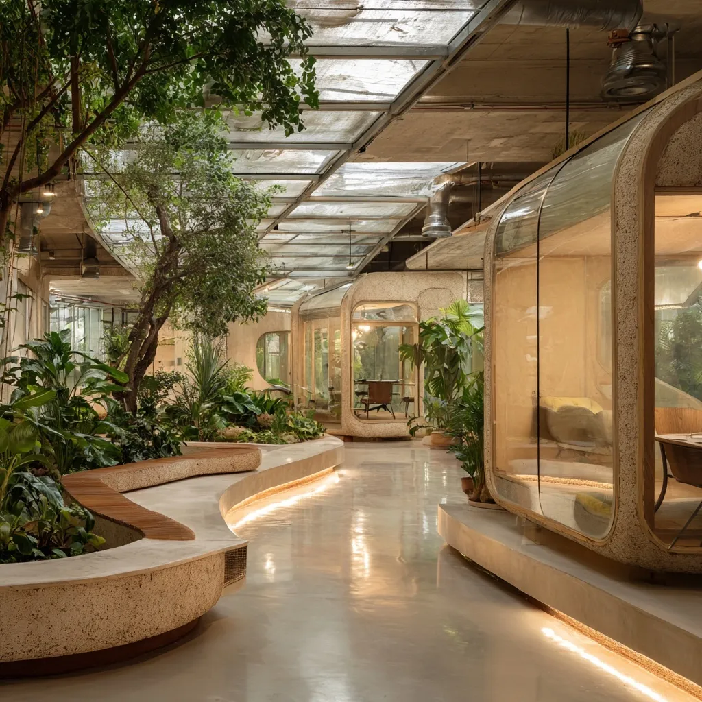 Biophilic coworking office interior with a central greenhouse, focus pods, and lush plants in a sustainable workspace.