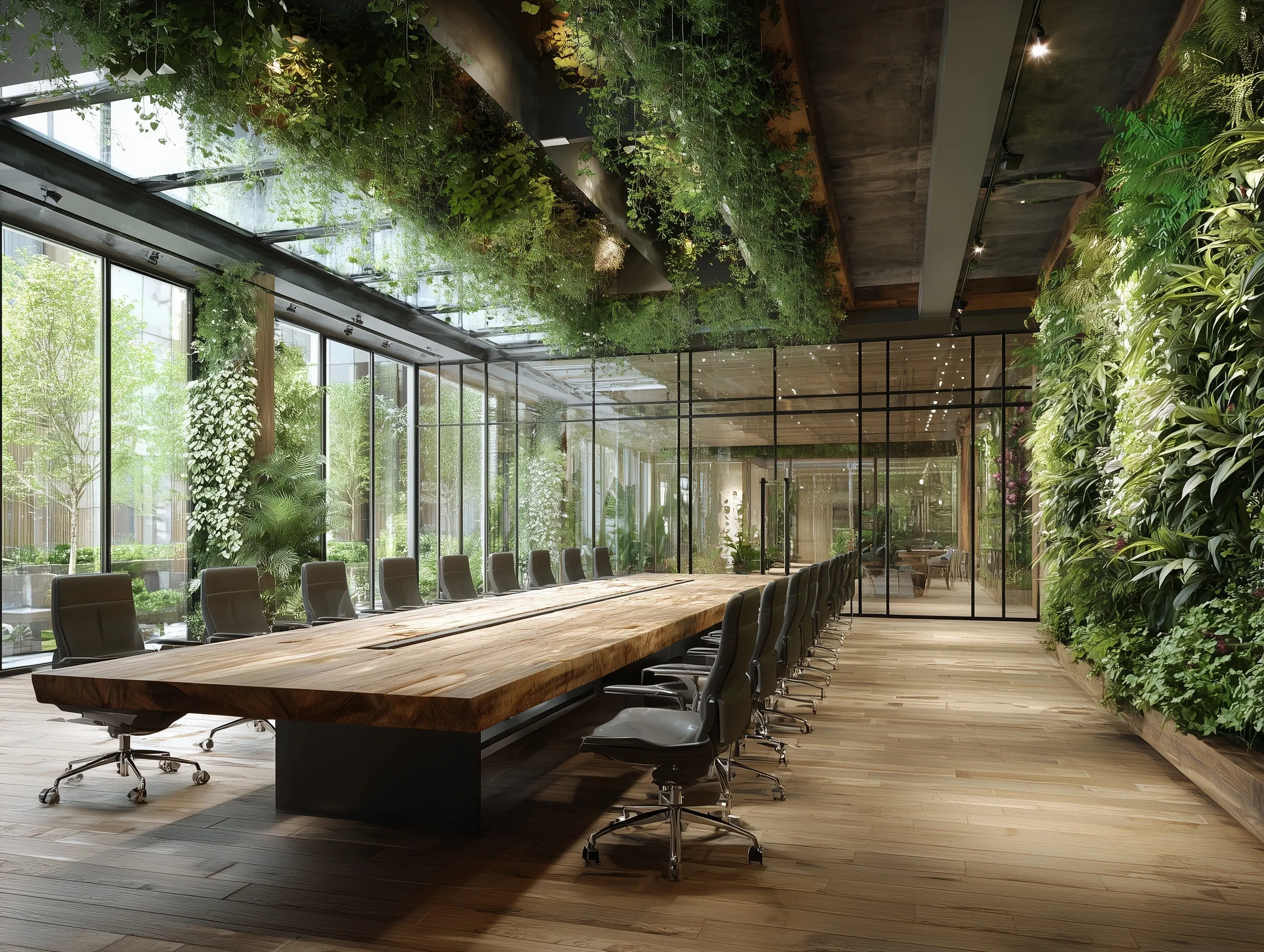 Modern meeting room interior featuring biophilic office design with indoor plants and natural light.