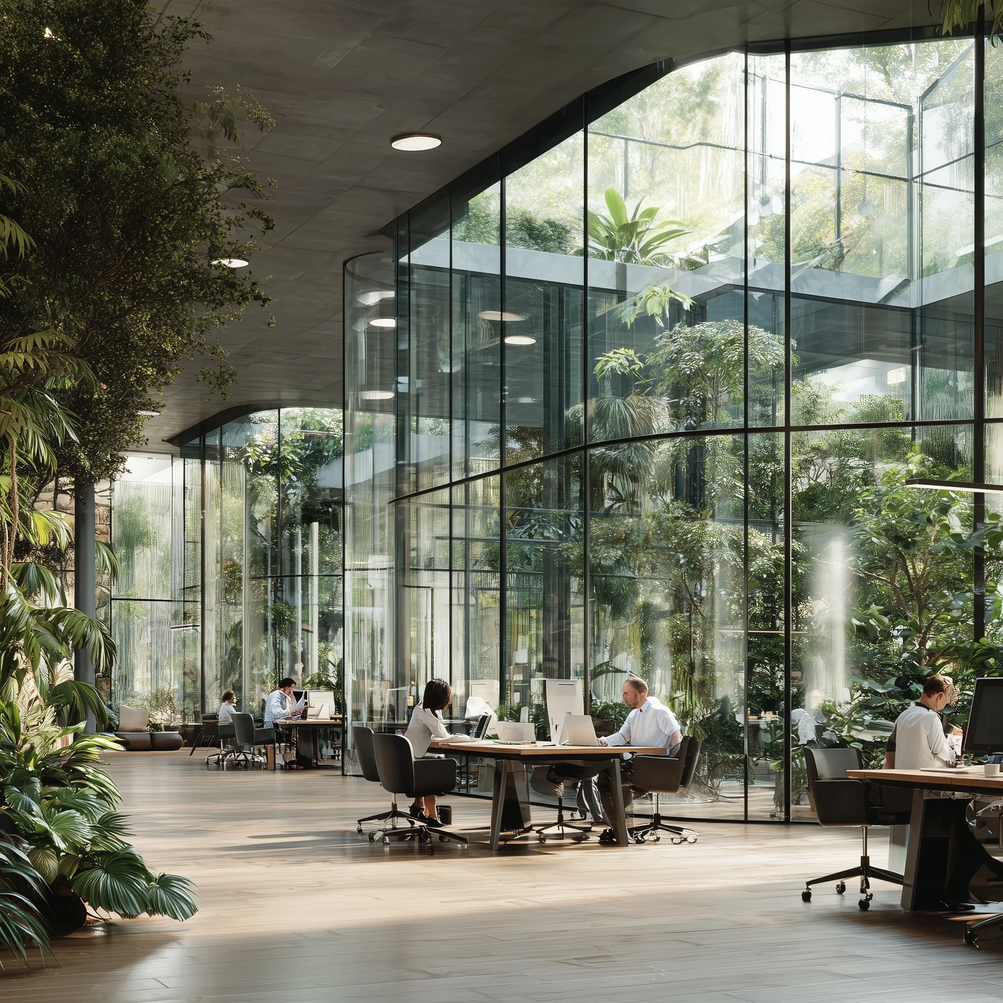Professional team collaborating in a modern, light-filled biophilic office with lush plants and natural decor.