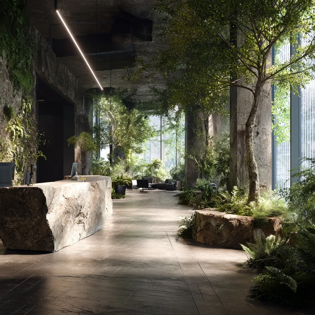 Modern biophilic office lobby with indoor forest, natural daylight, and textured stone walls for urban work spaces.