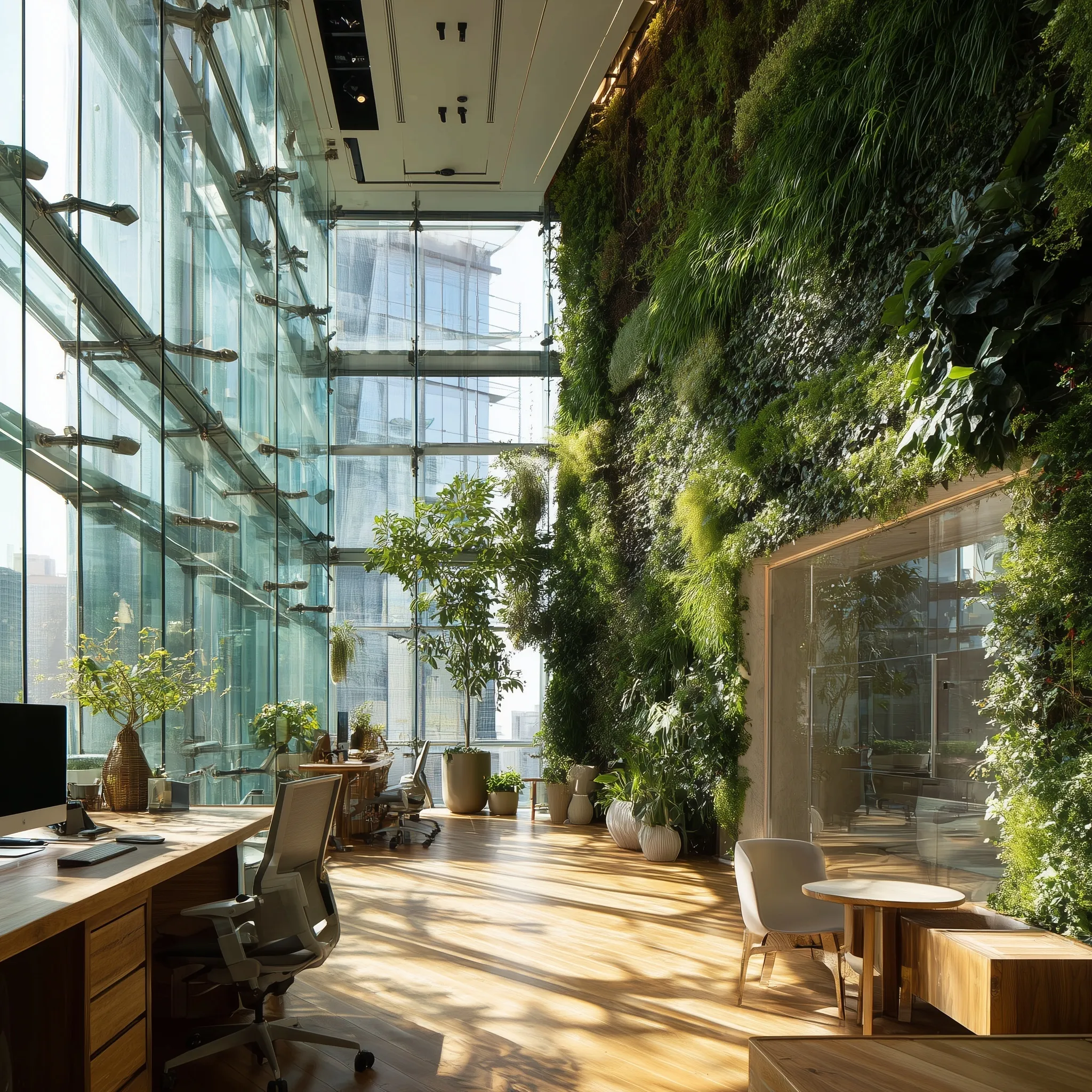 Modern sunlit office featuring a lush vertical garden wall and large floor-to-ceiling windows.