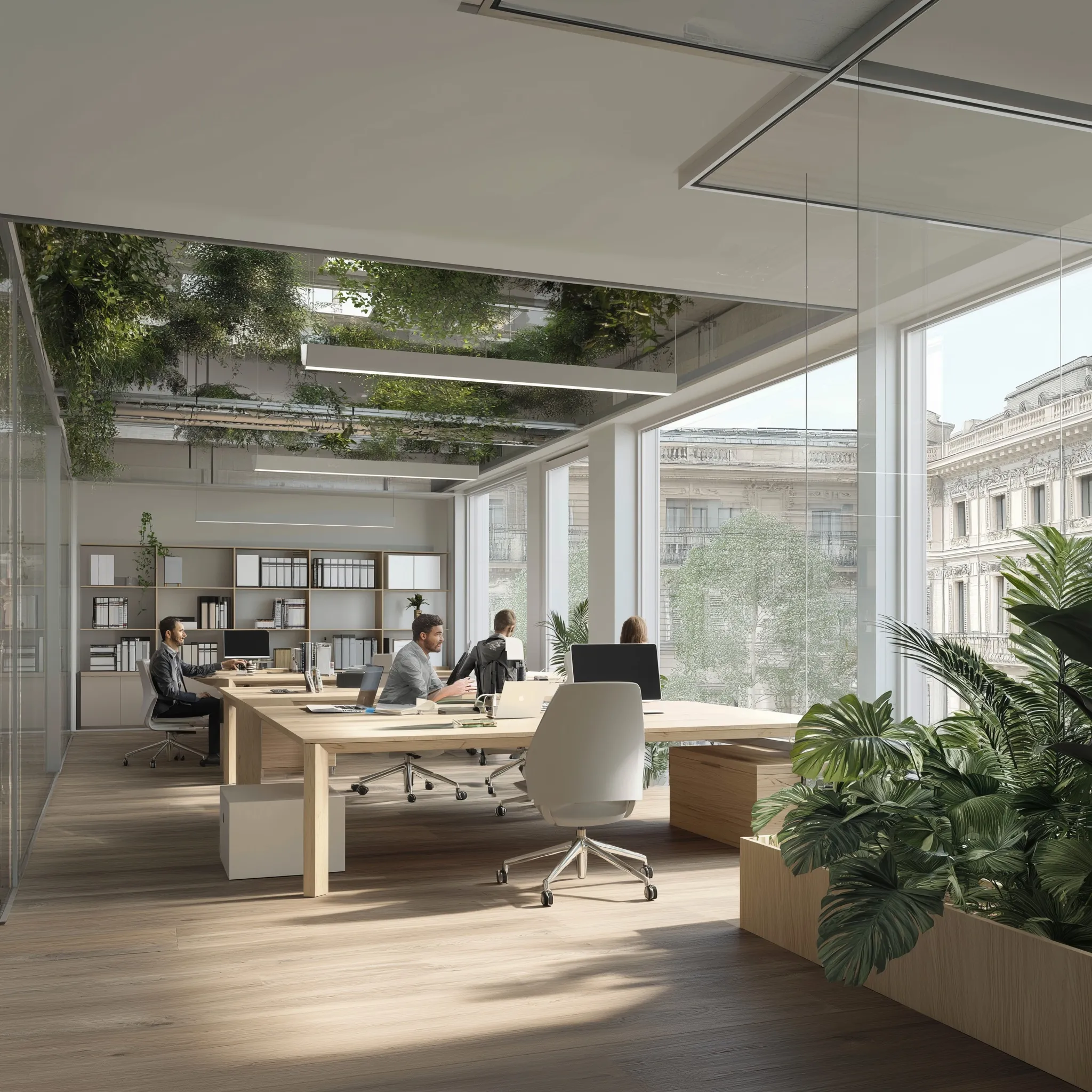 Job interview between a candidate and recruiter in a bright, biophilic office overlooking the Geneva skyline.