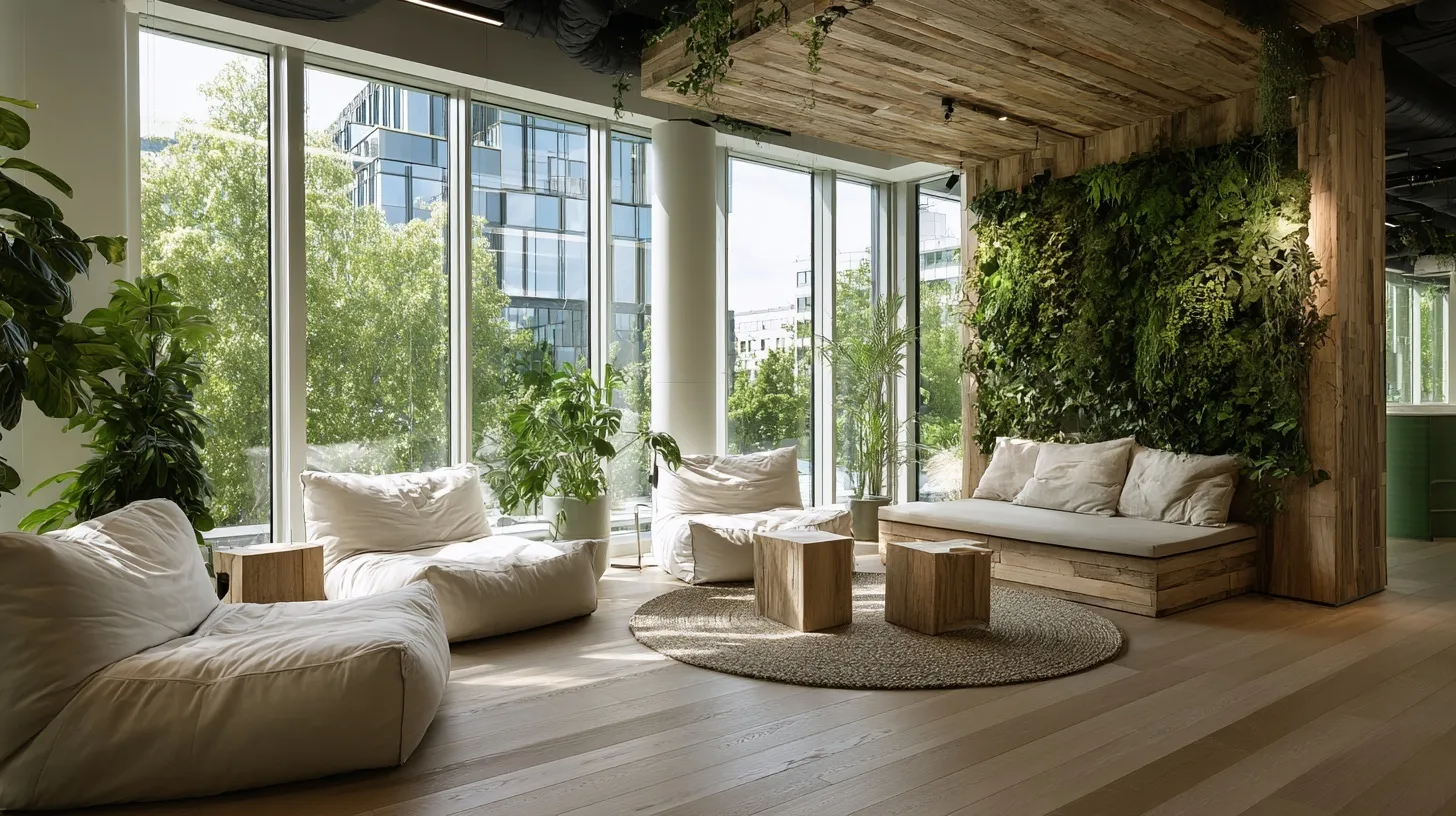 A modern biophilic office wellness lounge featuring green plants, wood textures, and soft seating in natural light.
