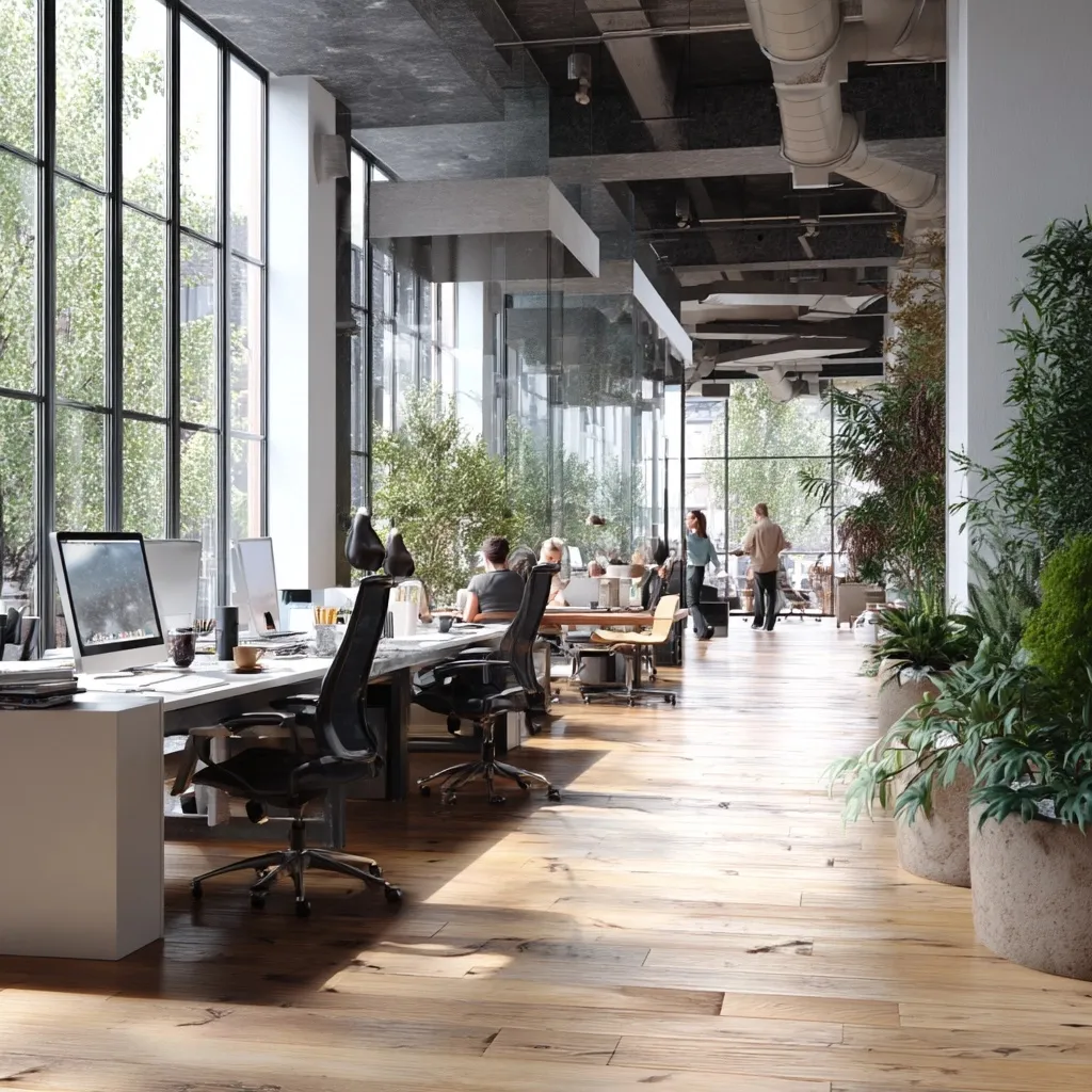 Modern biophilic office interior with people working, bright natural light, wooden floors, and indoor plants.