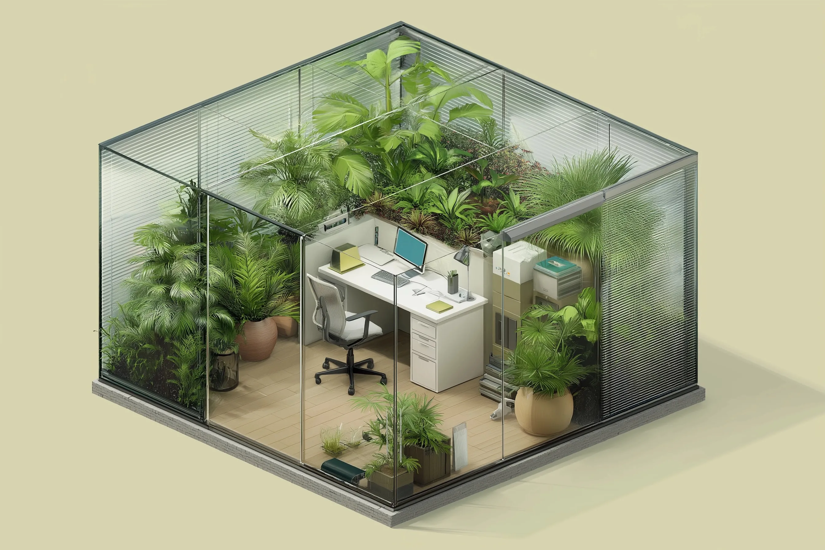 Isometric greenhouse home office with lush indoor plants, glass walls, and a modern white desk for sustainable work.
