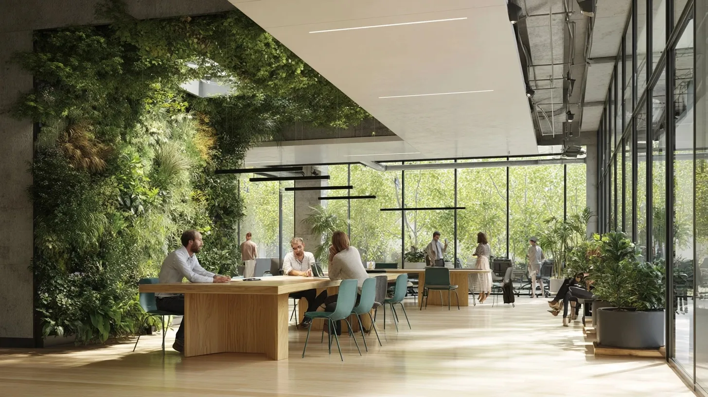 Team collaborating at a wooden conference table in a modern biophilic office with lush vertical garden walls.