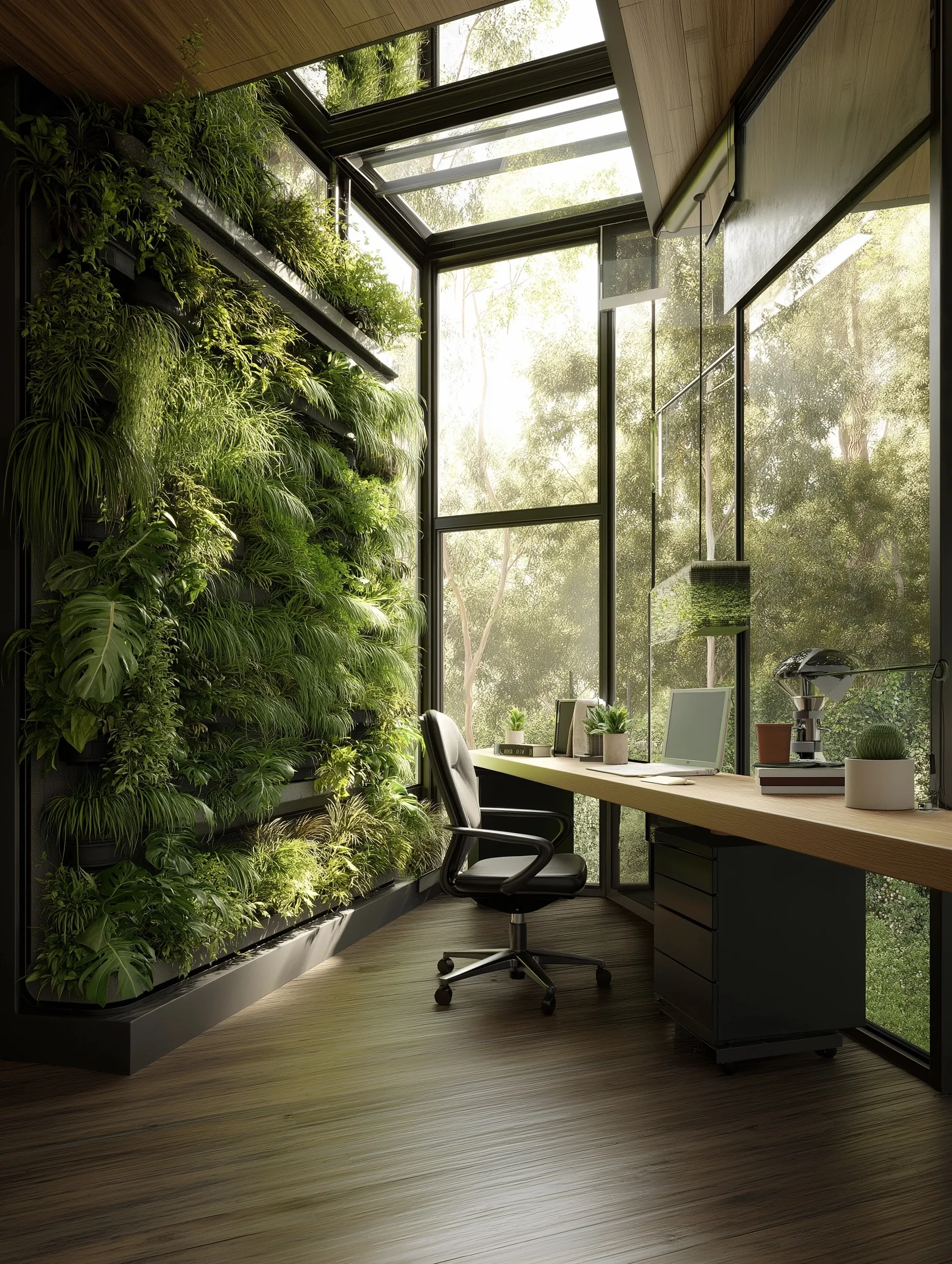 Modern biophilic home office in a treehouse with a hydroponic garden wall, minimalist furniture, and forest views.