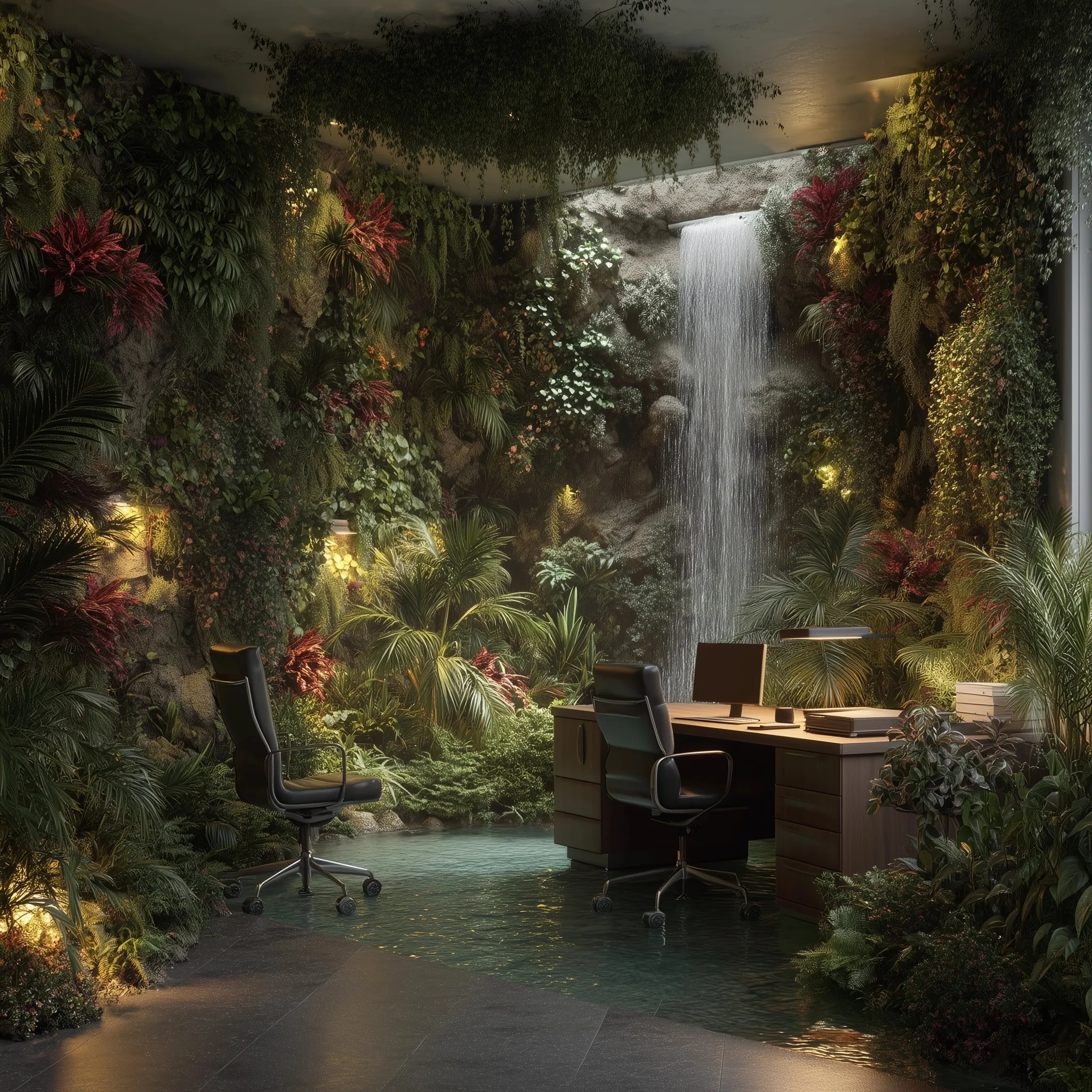 A modern corporate office overtaken by a lush tropical jungle with a small waterfall and vibrant exotic plants.