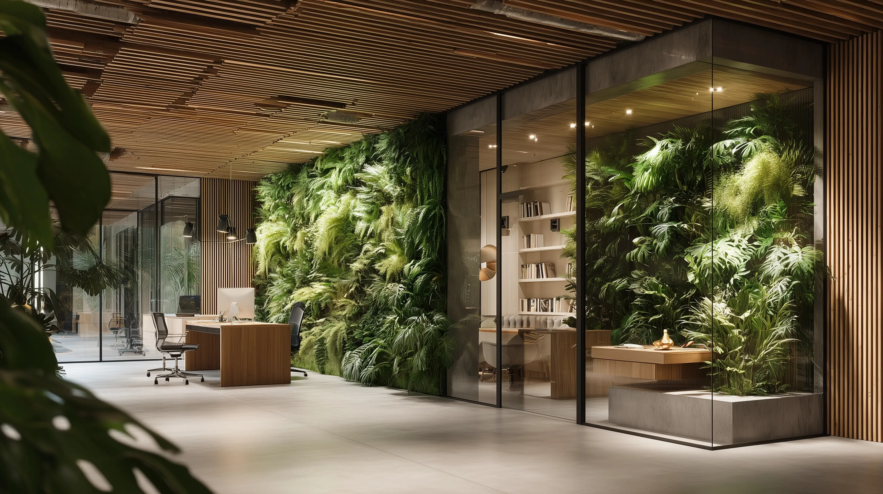 Modern biophilic office waiting area featuring a lush vertical garden wall, wooden panels, and minimalist decor.
