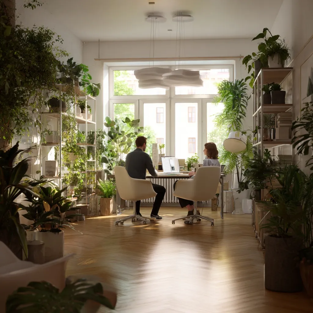 Advisor and client sitting in a bright, biophilic office filled with plants, seen from behind.