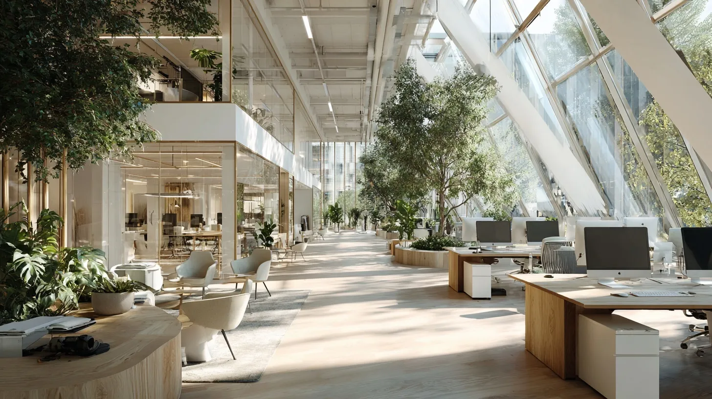 A luxury modern biophilic office workspace with professionals in a bright, high-end corporate environment.