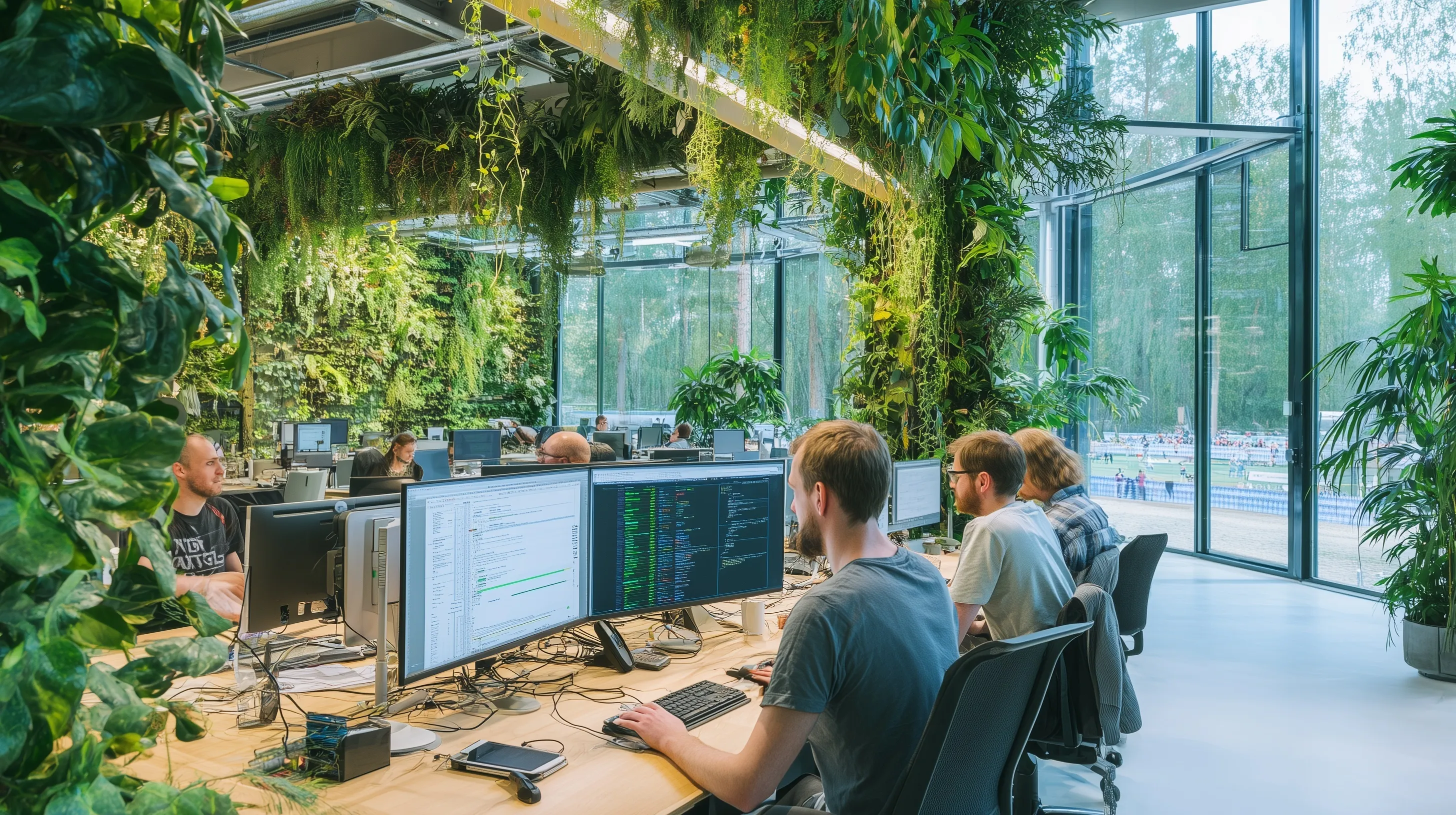 Team working in a biophilic office with floating digital formulas and a view of the Vienna harness racing track.