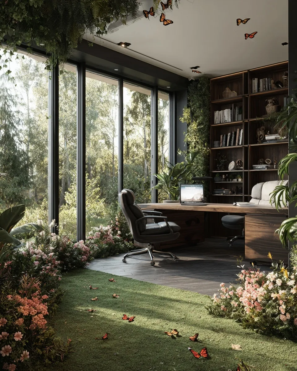 Modern biophilic home office with grass floor, flowers, and butterflies overlooking a scenic nature landscape.