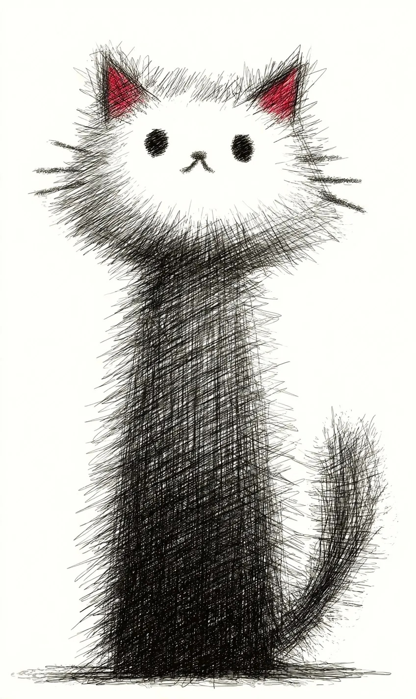 A simple stick figure drawing of a cute black and white kitten, minimalist artistic style for iPhone 17 wallpaper.