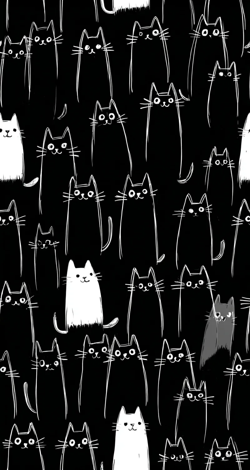 Minimalist white line art cat pattern on black background, cute cartoon wallpaper design for iPhone 17.