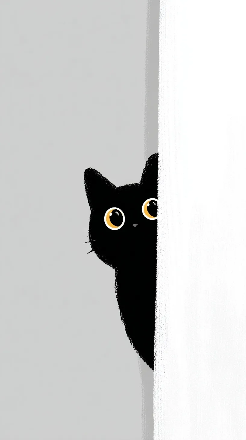 A cute, minimalist cartoon black and white cat with big eyes peeking against a simple white wall background.