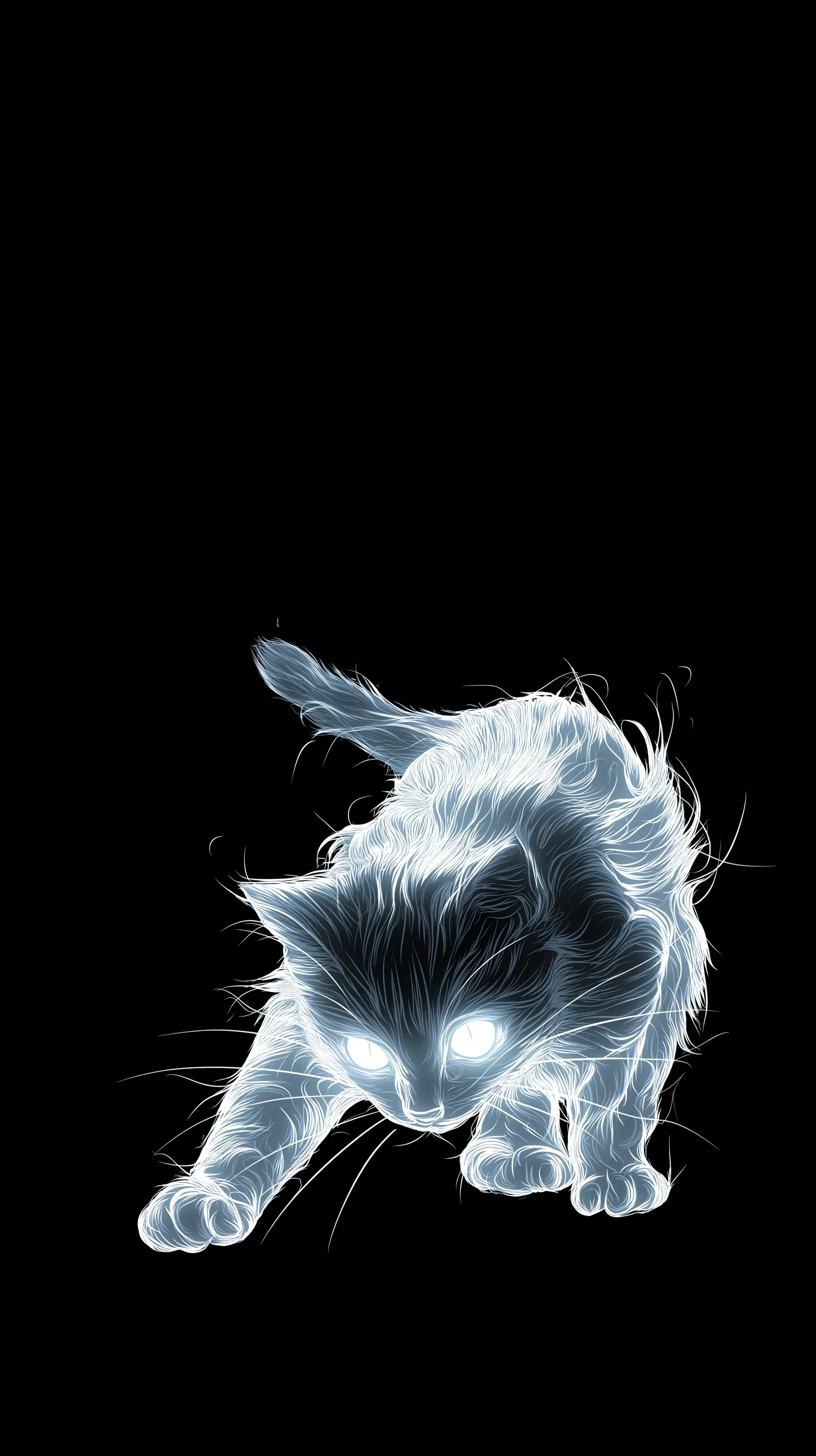 Ethereal ghost cat with void eyes in a dark Shadowrun visual novel style for iPhone 17 wallpaper.