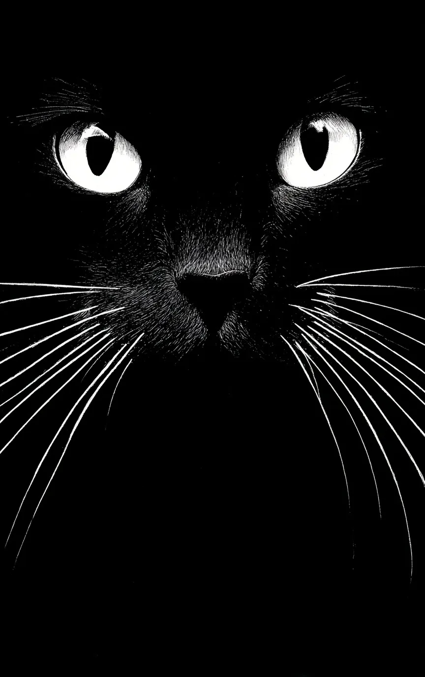 Minimalist white cat face line art on a black background for iPhone 17 wallpaper.