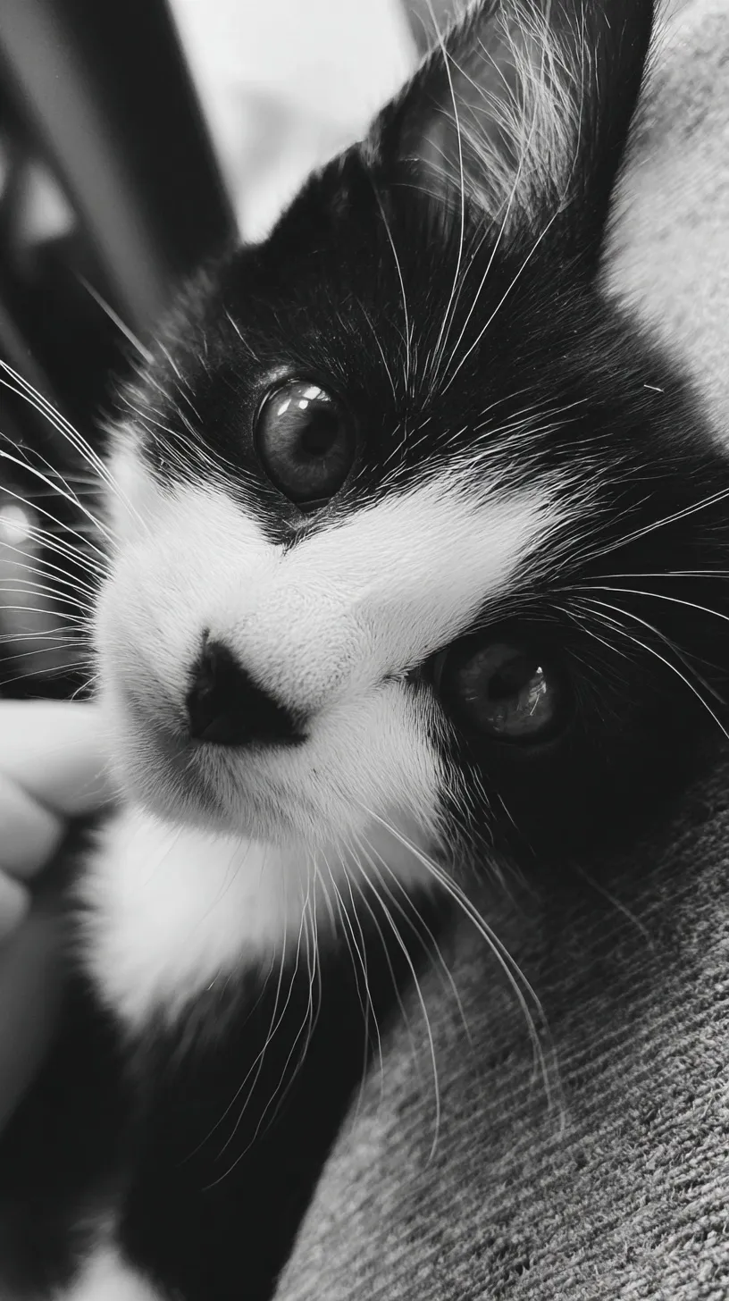 A candid, overhead amateur shot of a black and white tuxedo kitten looking up with a judgmental expression.
