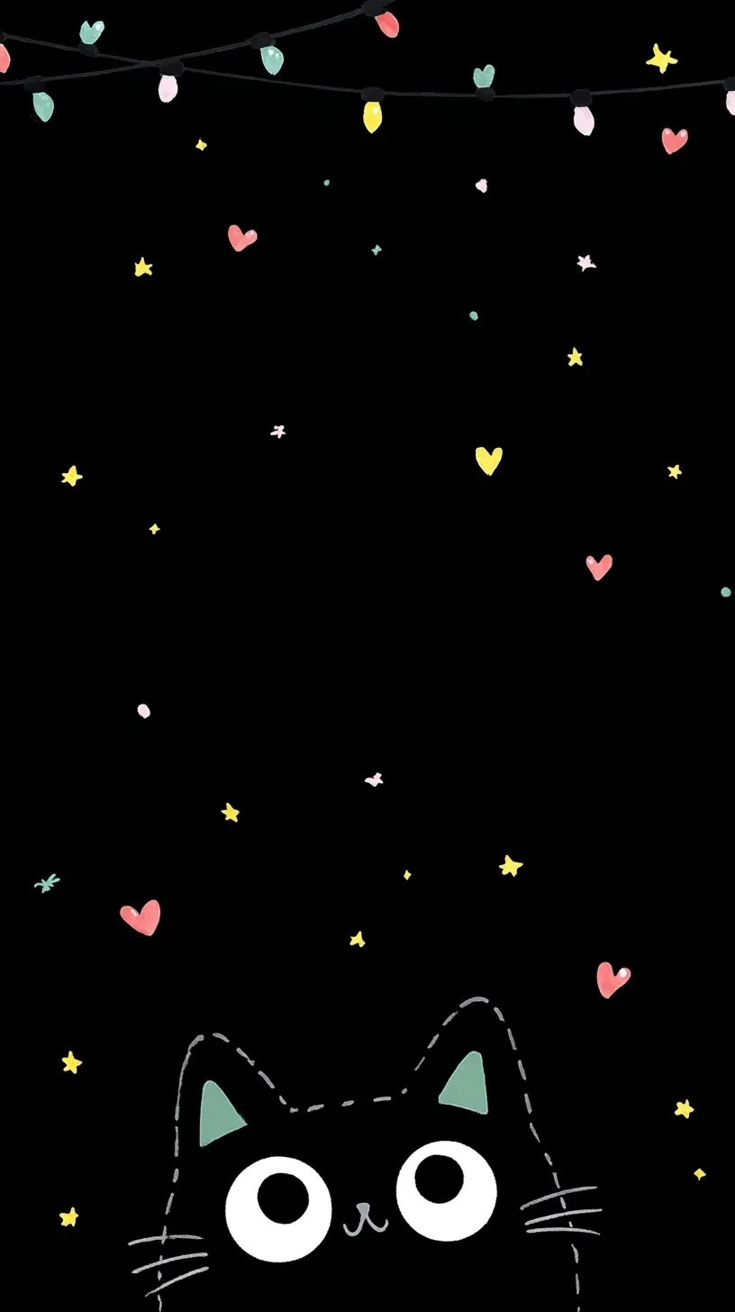 A cute black and white cartoon cat wallpaper with floating stars and hearts on a black background for iPhone 17.