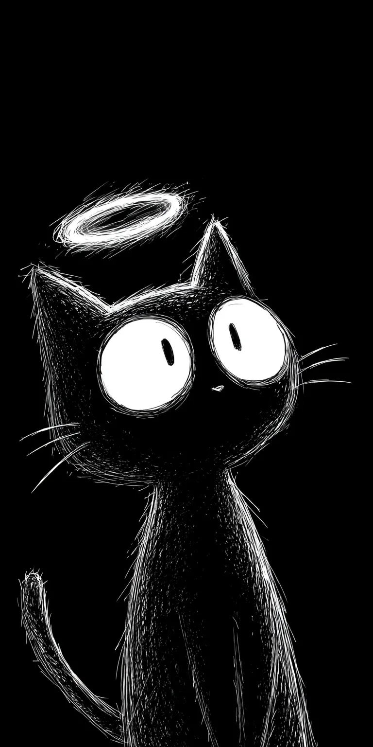 A digital art cartoon cat with a glowing white halo and expressive eyes on a black background.