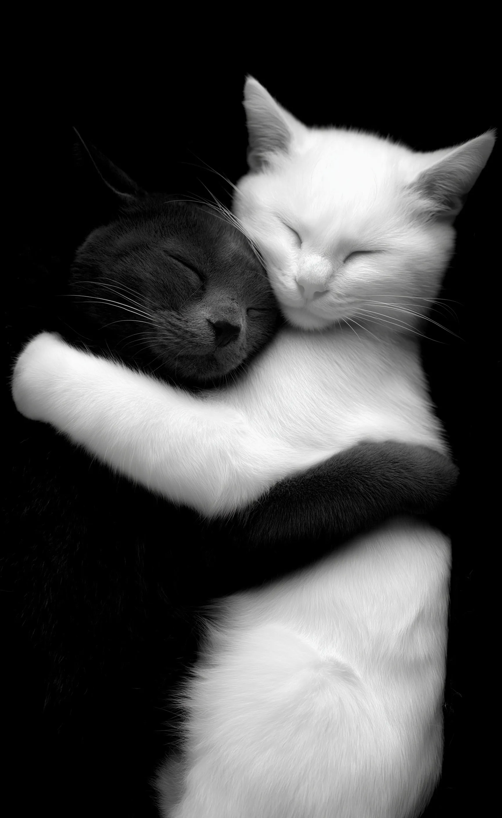 Two cute black and white cats hugging against a black background, high-definition photography.
